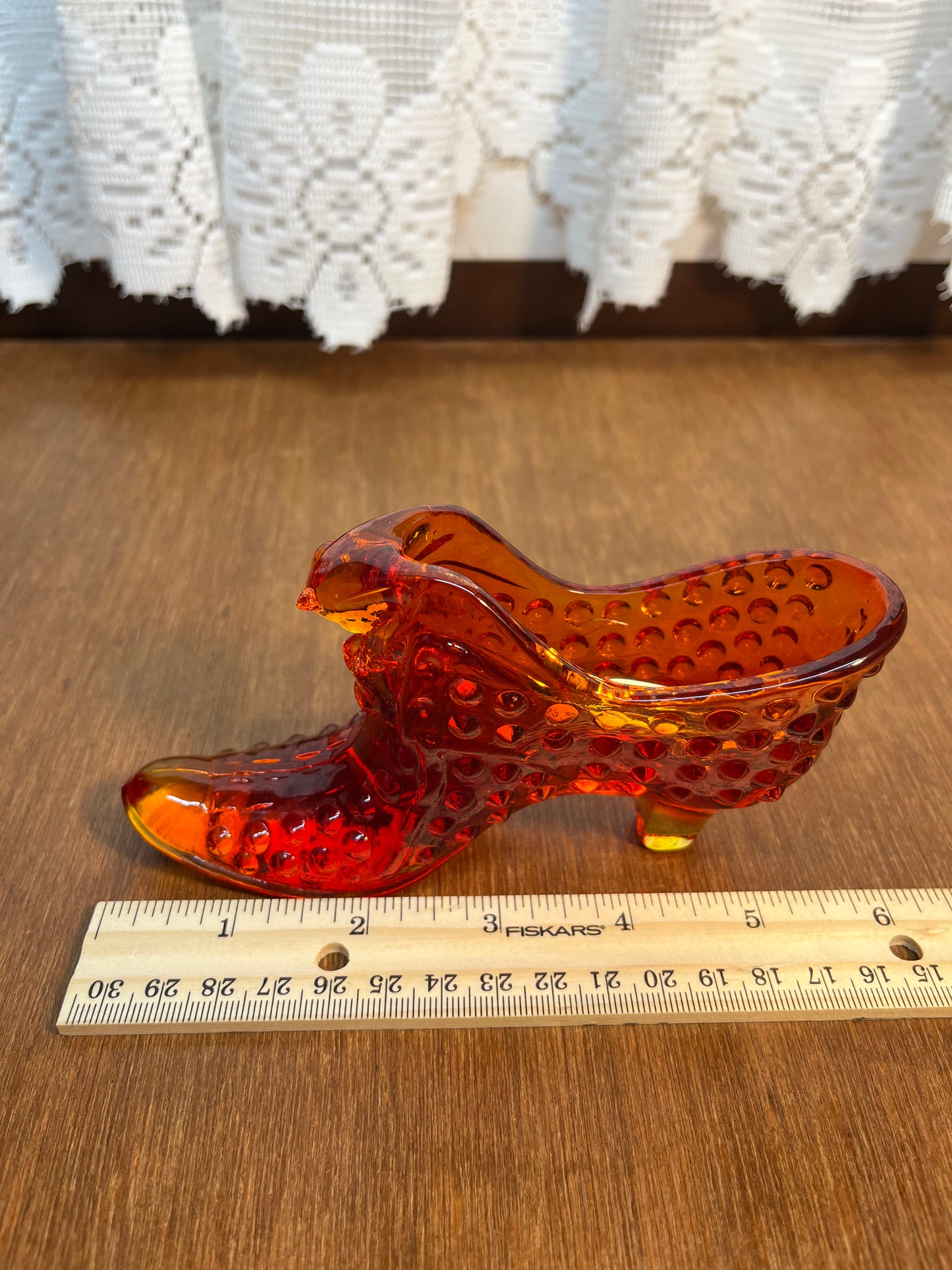 Vintage Hobnail Amberina Fenton Art Glass Cat Face Shoe