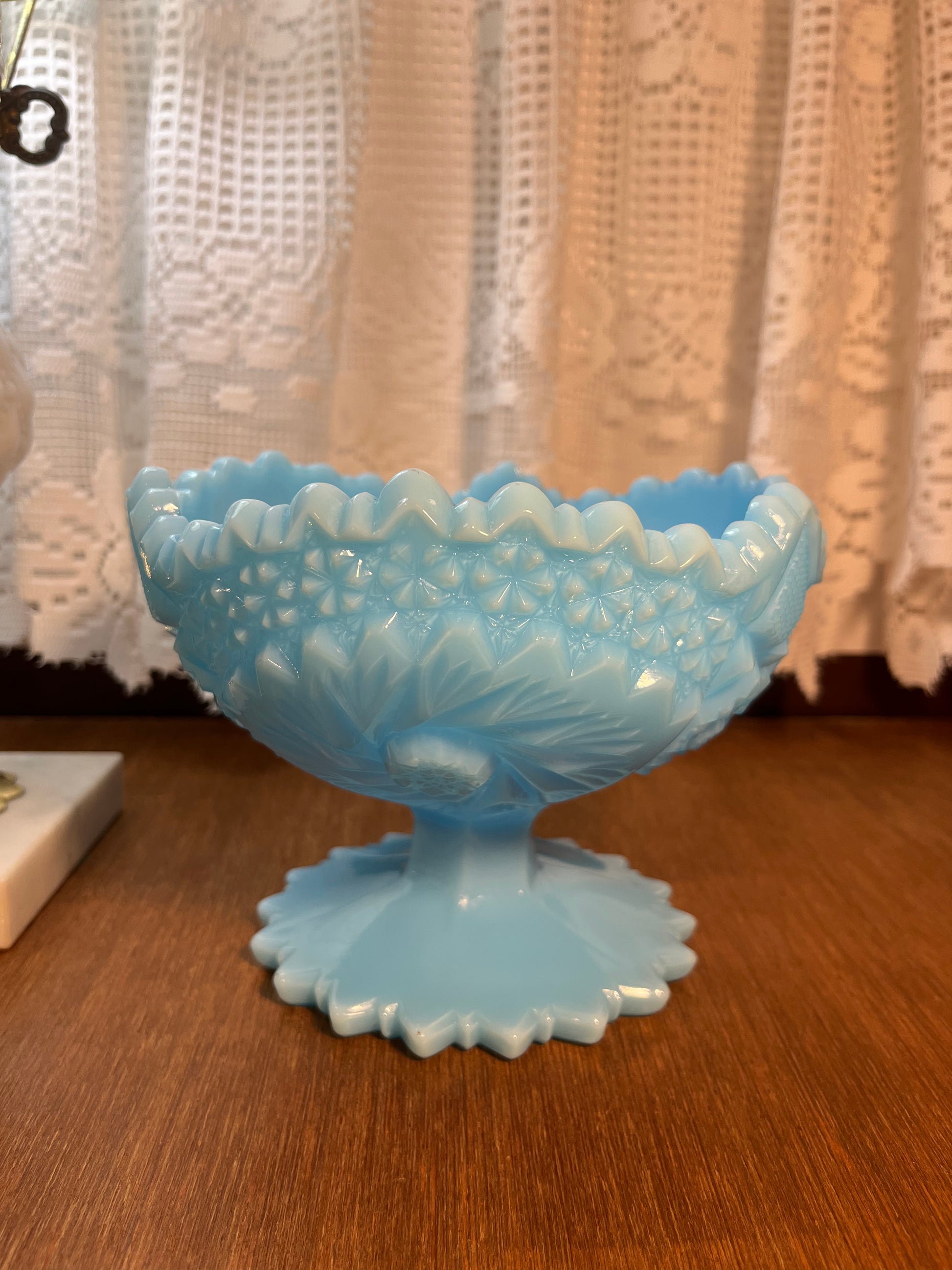 Vintage Fenton Handmade Milk Glass Hobnail Compote With Blue 