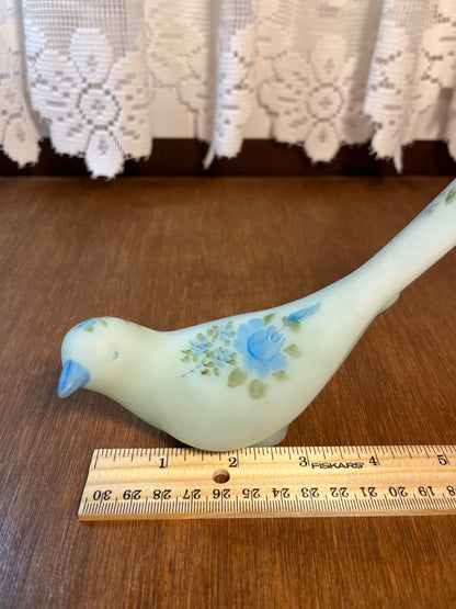 Vintage Blue Satin Hand Painted Fenton Rose Bird