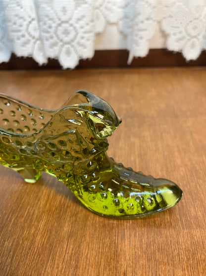 Vintage Hobnail Avocado Green Fenton Art Glass Shoe