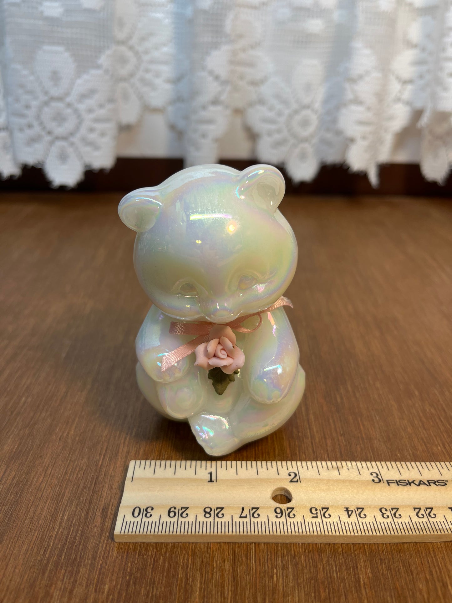 Art Glass Fenton Opalescent Bear With Pink Ribbon & Flower