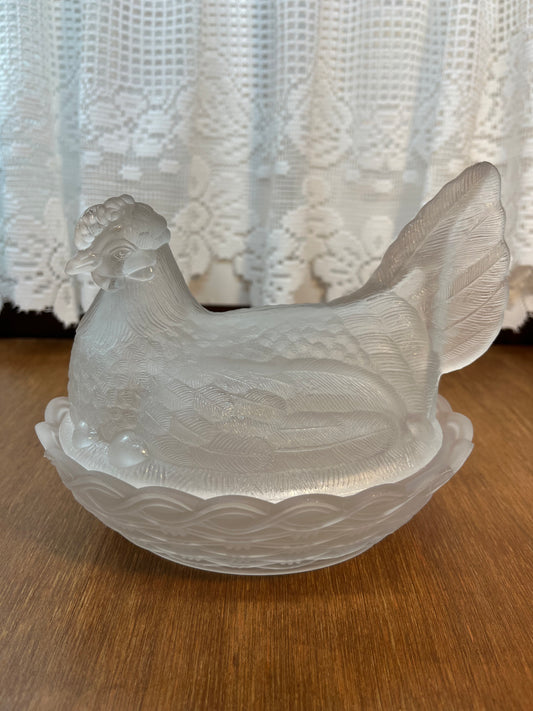 Vintage Frosted Satin Hen on nest trinket Dish