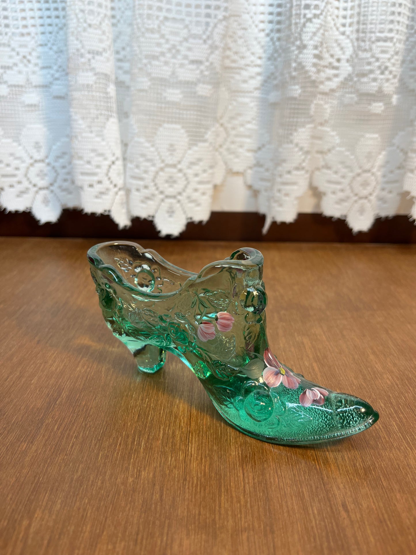 Vintage Green Floral Art Glass Fenton Shoe