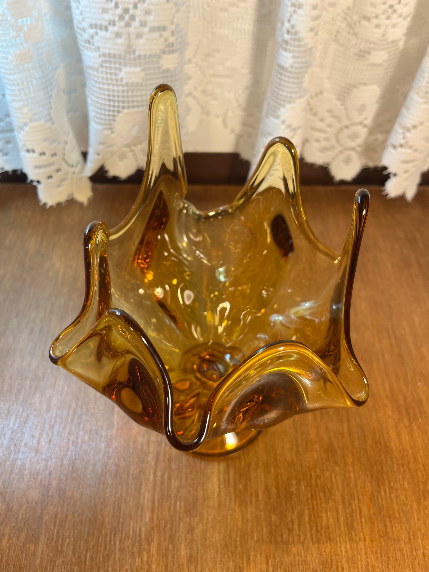 Vintage Amber Viking Handkerchief Pedestal Dish/Bowl