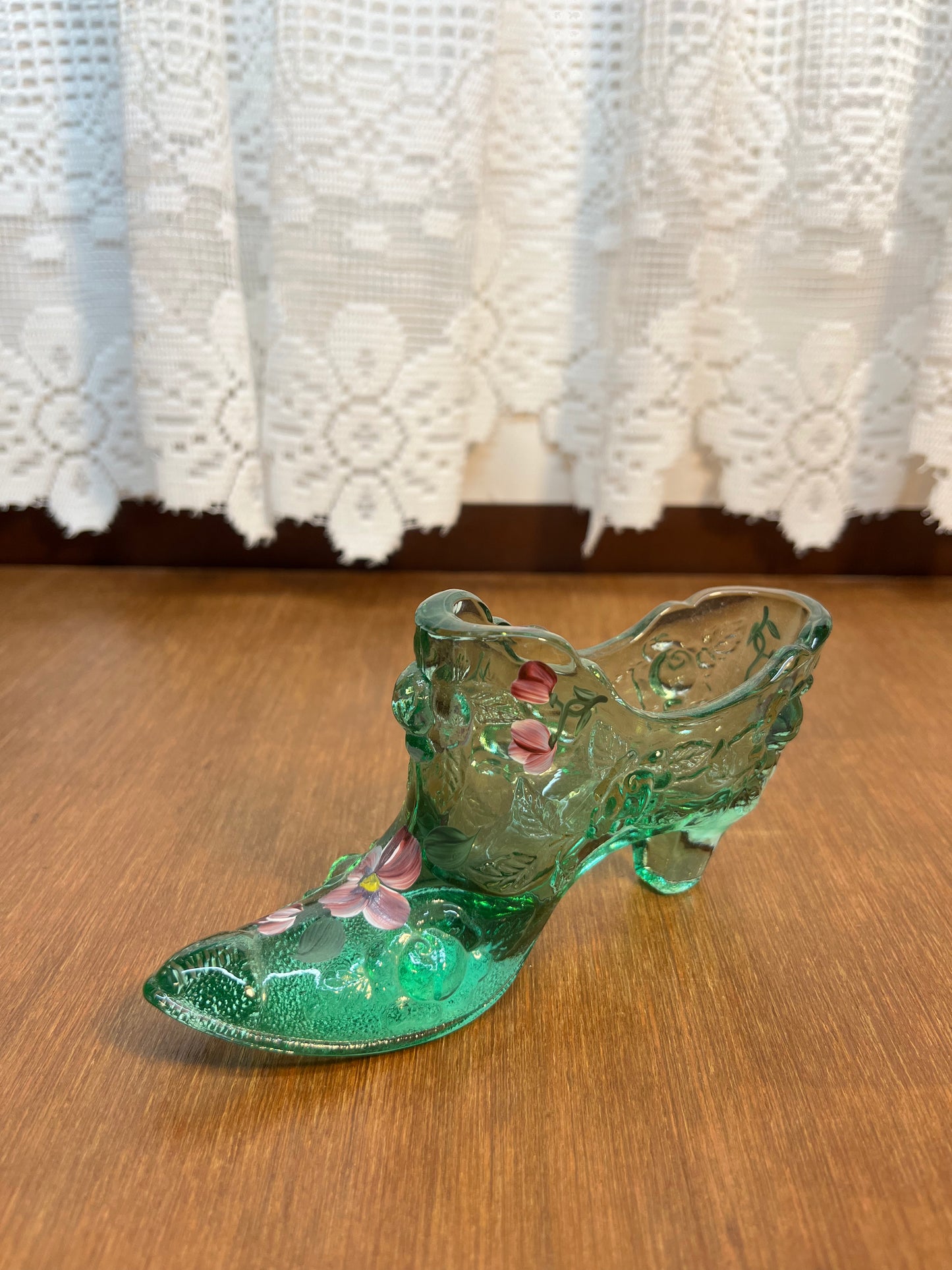 Vintage Green Floral Art Glass Fenton Shoe