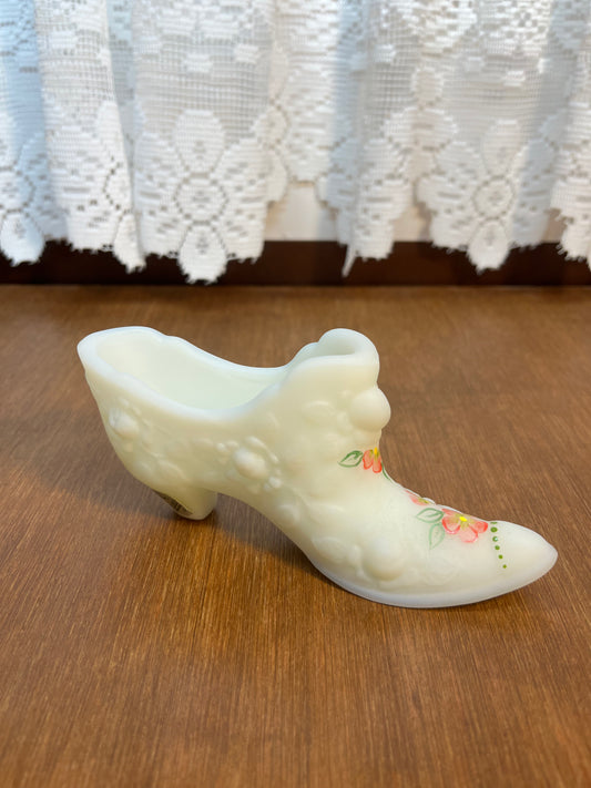 Vintage Satin Floral White Hand Painted Fenton Art Glass Shoe