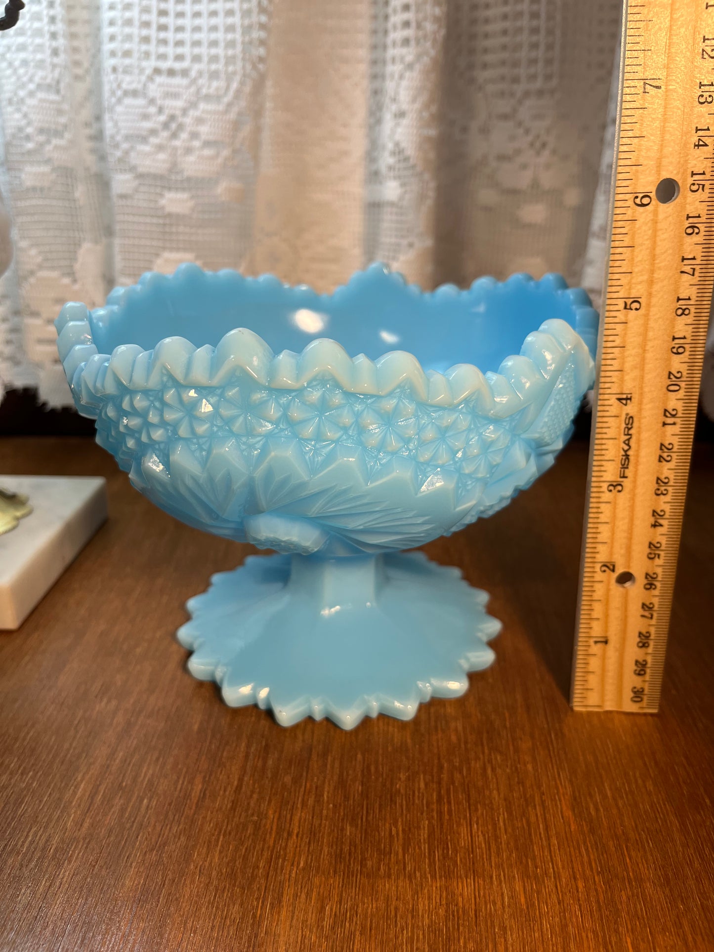 Fenton Blue Pinwheel Star Sawtooth Candy Pedestal Bowl