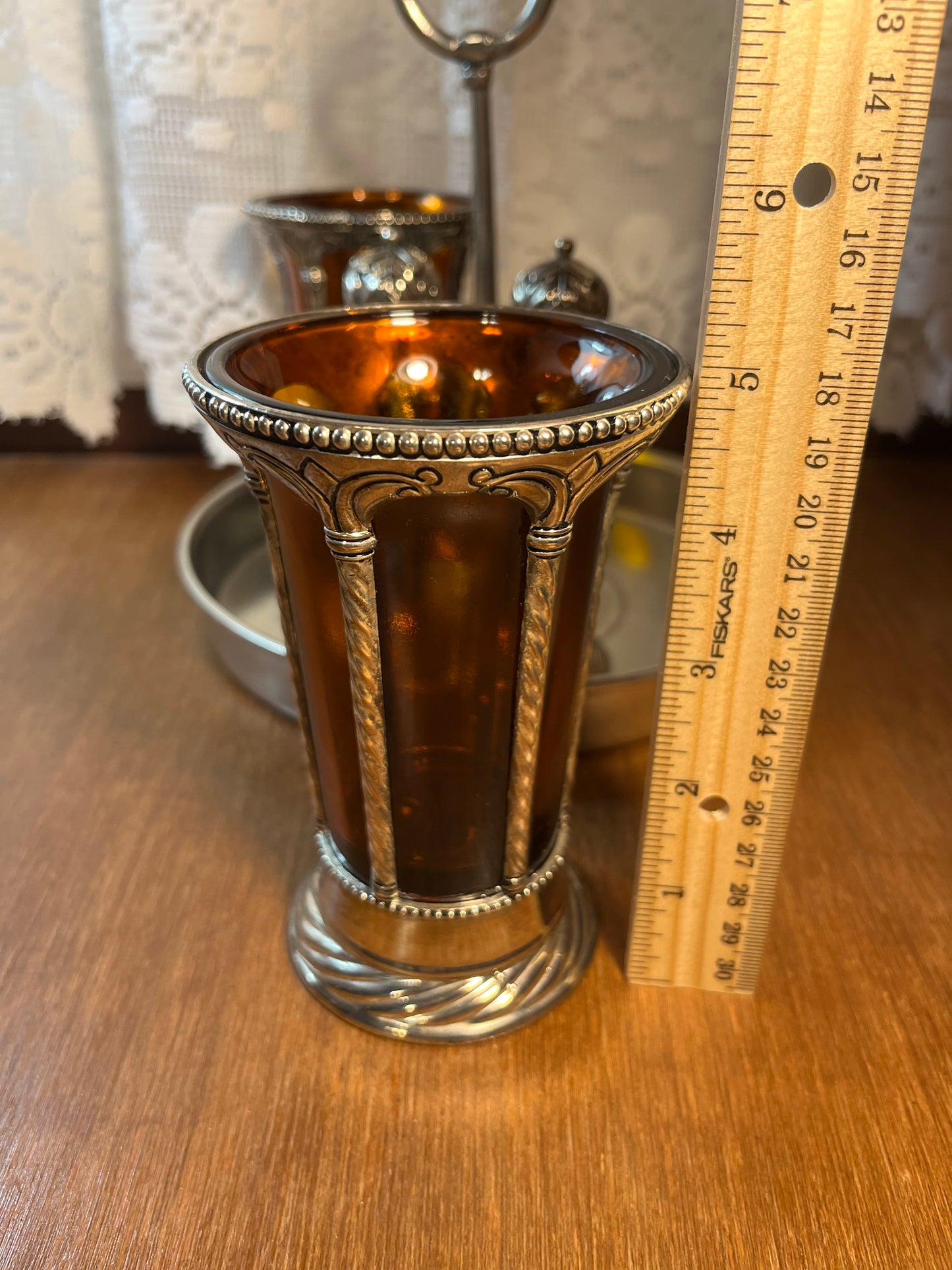 Vintage and Rare Amber Vases and Salt and Pepper Shaker with Caddy