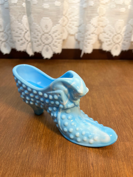 Vintage Blue & White Hobnail Fenton Art Glass Shoe With Sticker