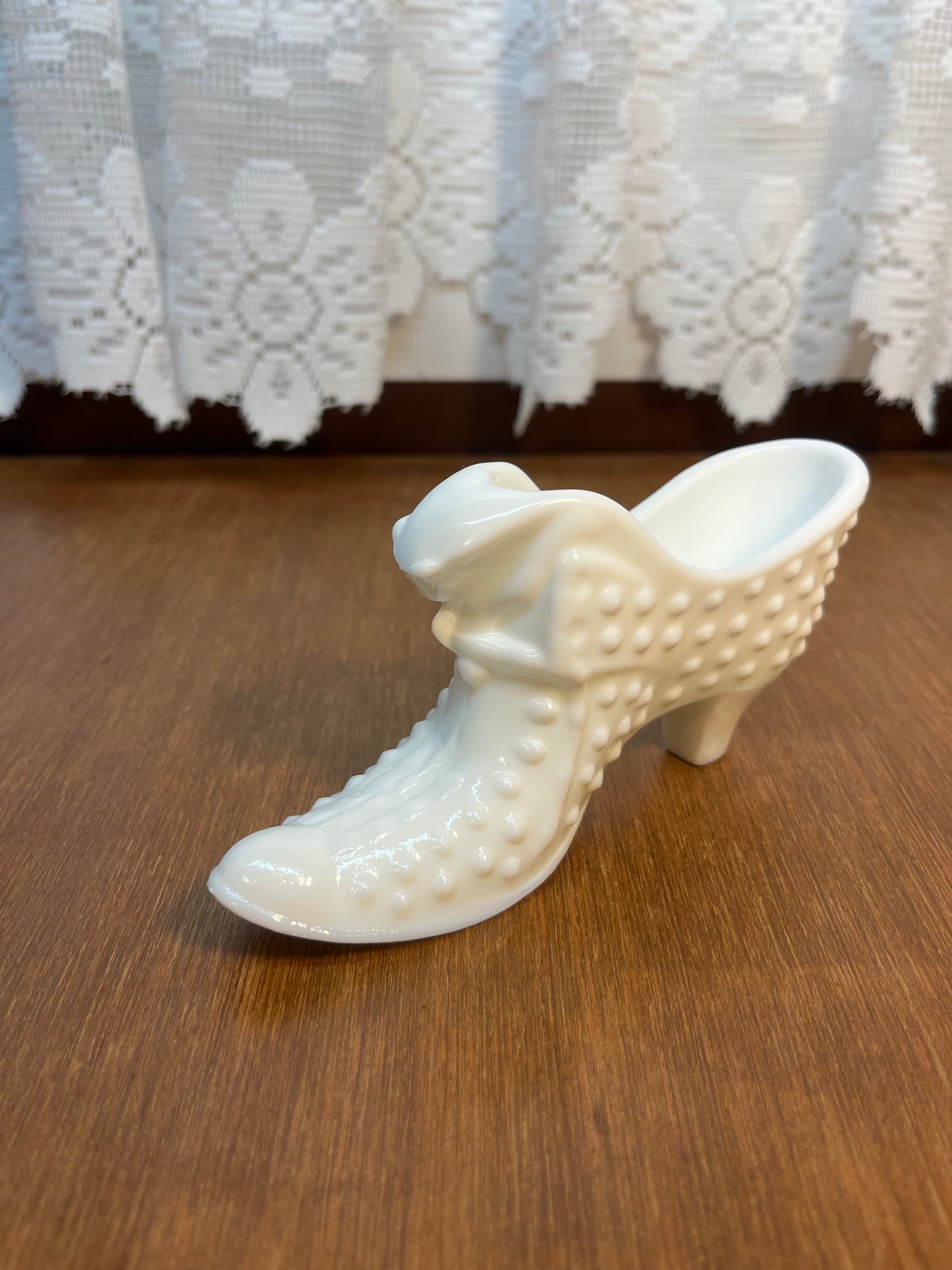 Vintage Milk Glass Hobnail Fenton Art Glass Shoe With Stamp