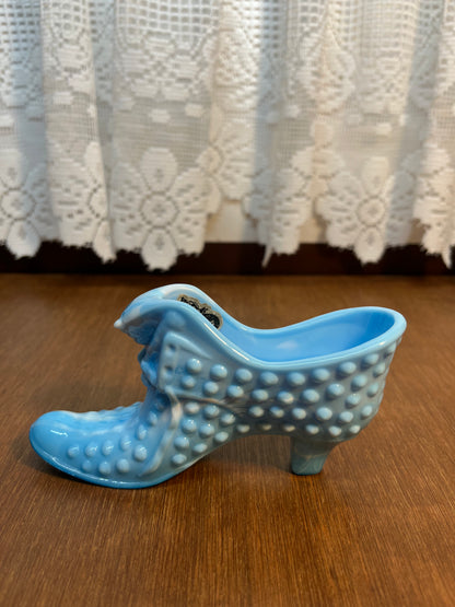 Vintage Blue & White Hobnail Fenton Art Glass Shoe With Sticker