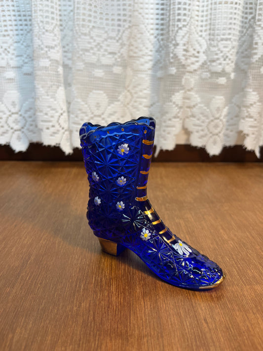 Cobalt Blue Hobnail Hand Painted Fenton Daisy Boot