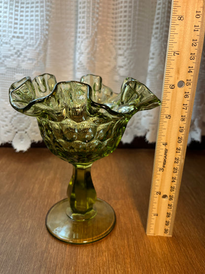 Vintage Fenton Green Ruffle Top Thumb Print Compote Pedestal Bowl