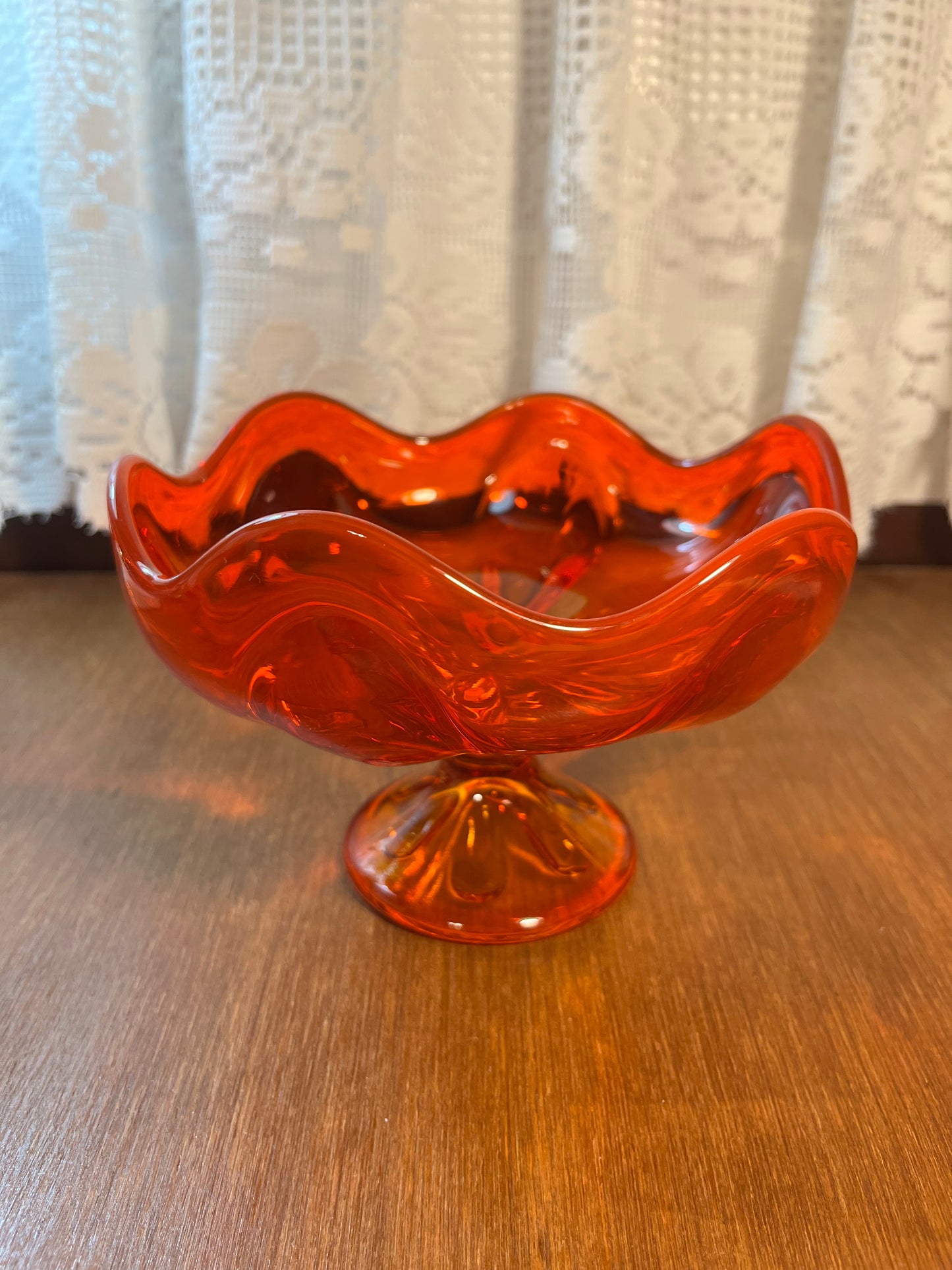 Vintage Viking Glass Orange Amberina Pedestal Bowl