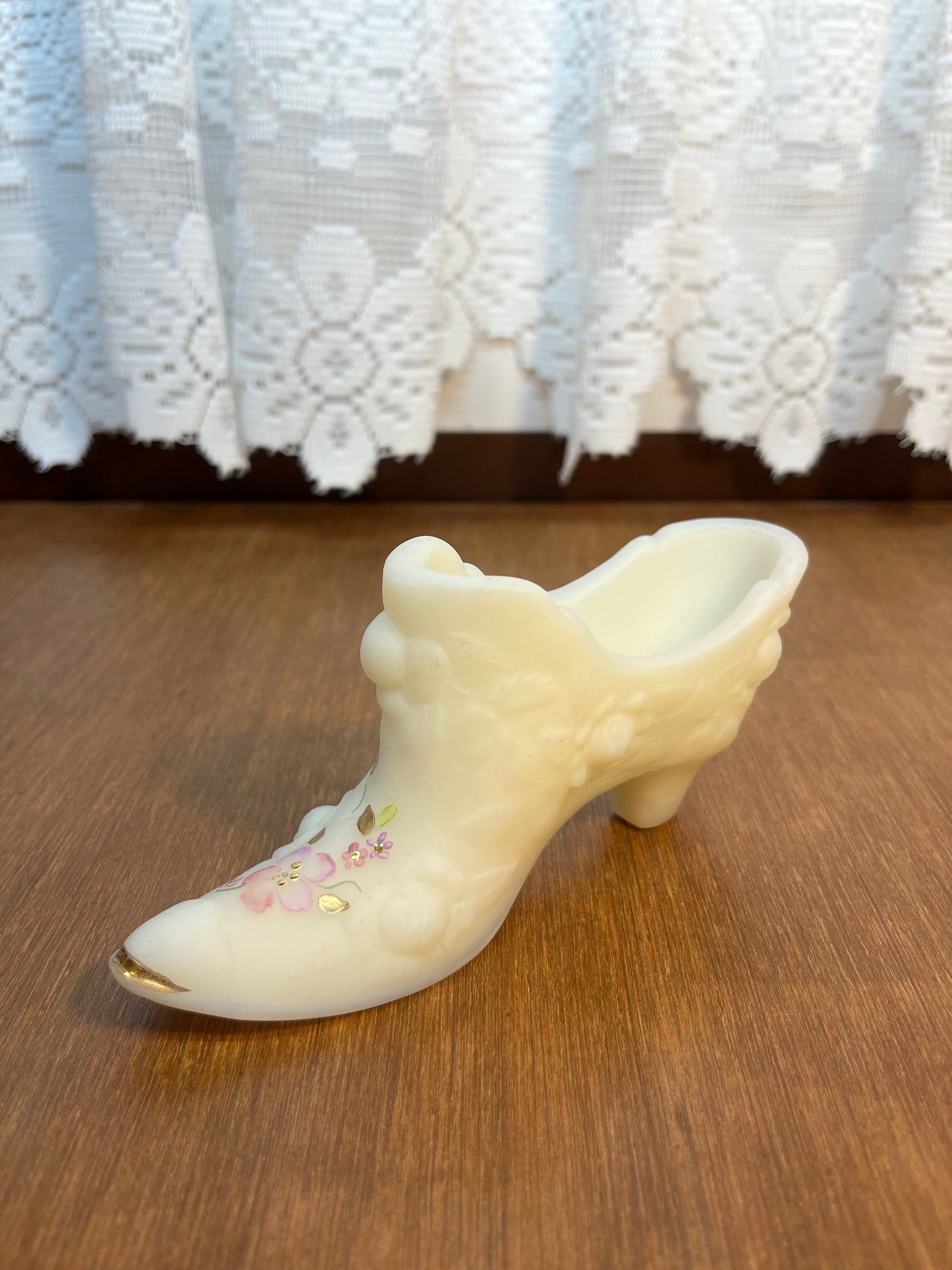 Vintage Satin White Fenton Floral Art Glass Shoe Hand Painted by S. Johnson