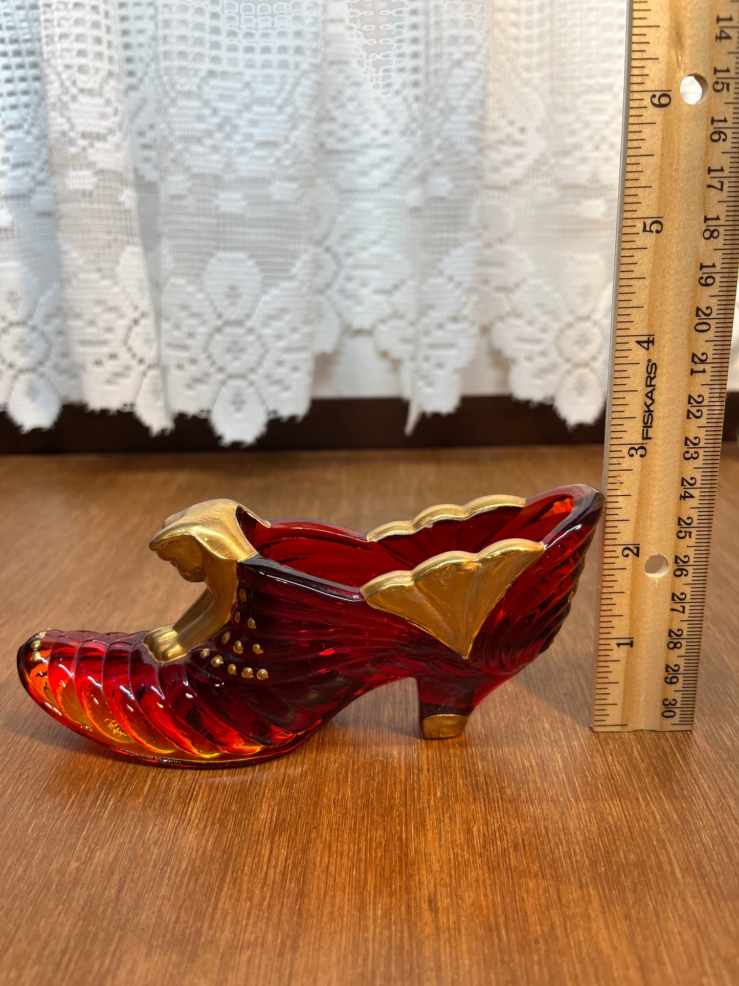 Vintage Ruby Gold Amberina Fenton Art Glass Hand Painted Shoe