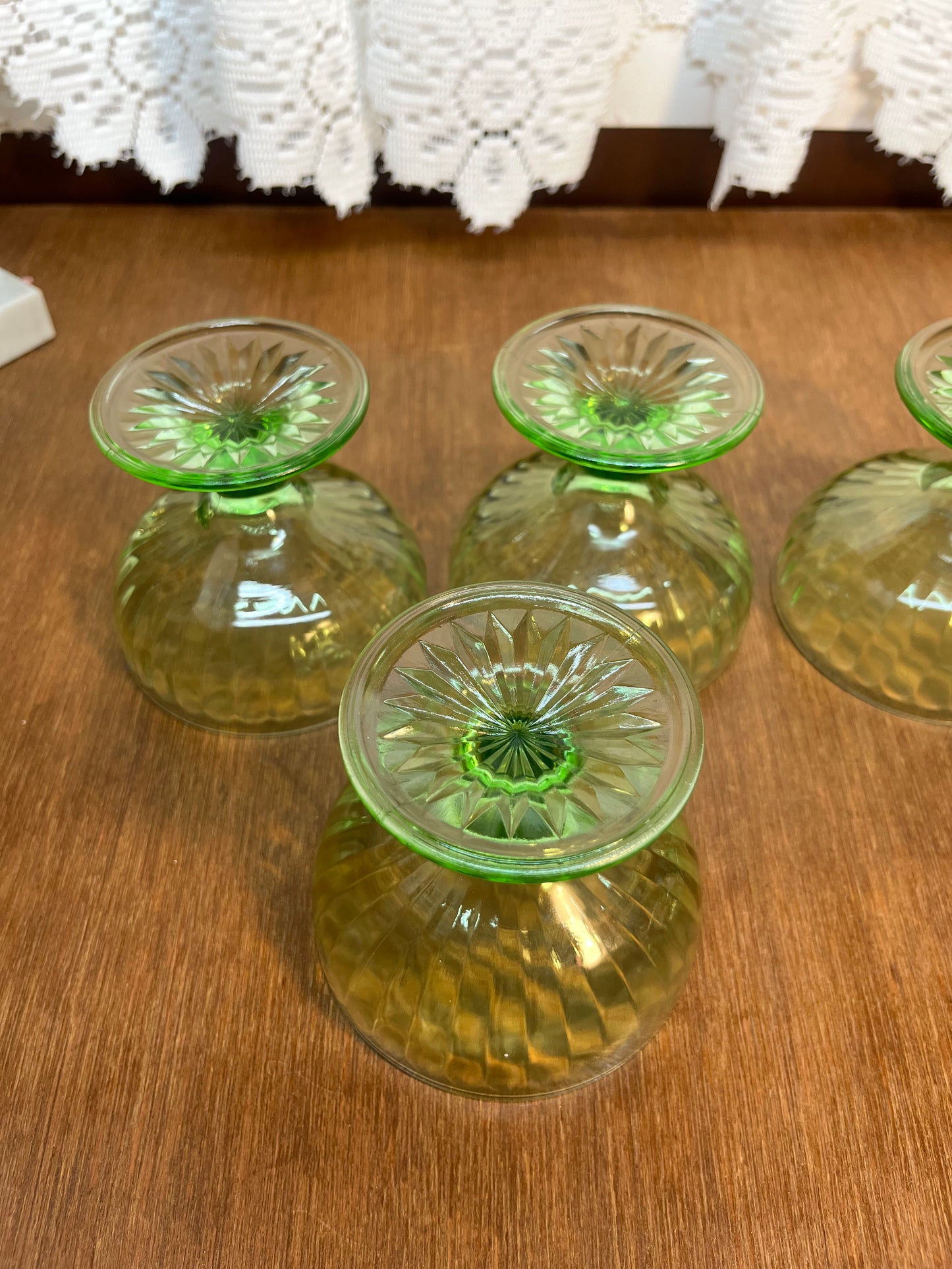 Vintage Uranium Champagne Sherbet Hazel Atlas Green Glass Set