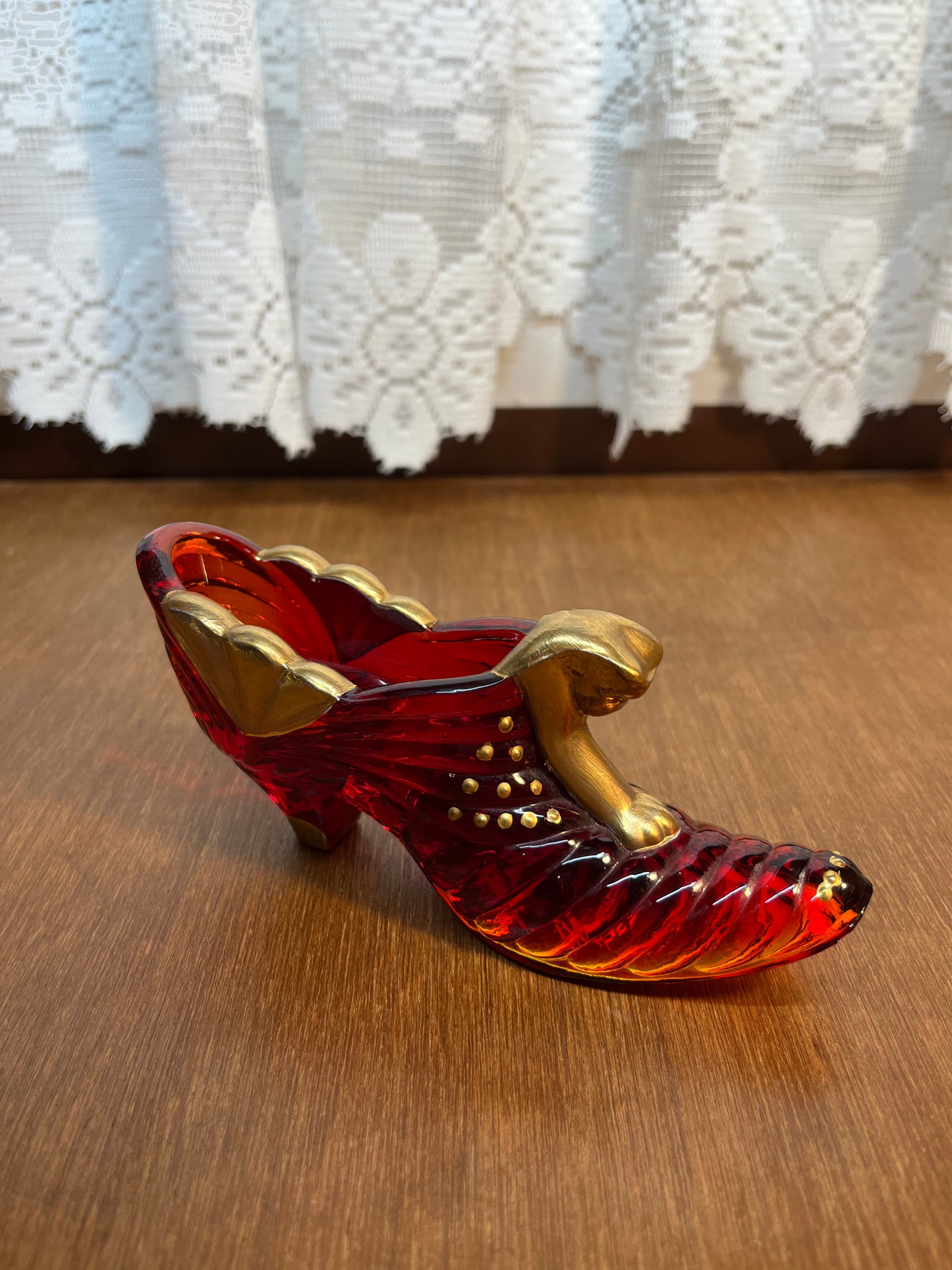 Vintage Ruby Gold Amberina Fenton Art Glass Hand Painted Shoe