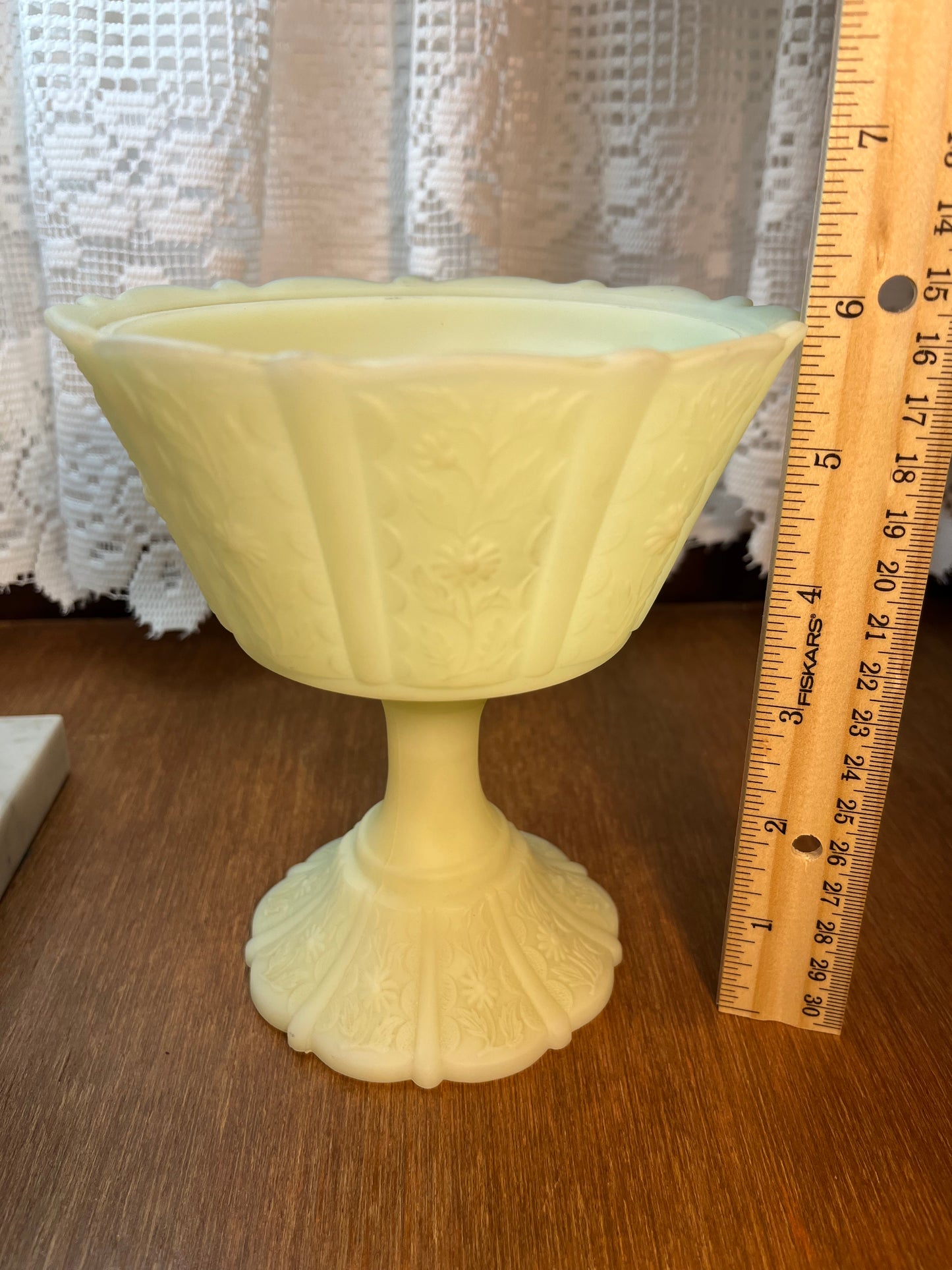 Vintage Fenton Custard Uranium Floral Pedestal Dish