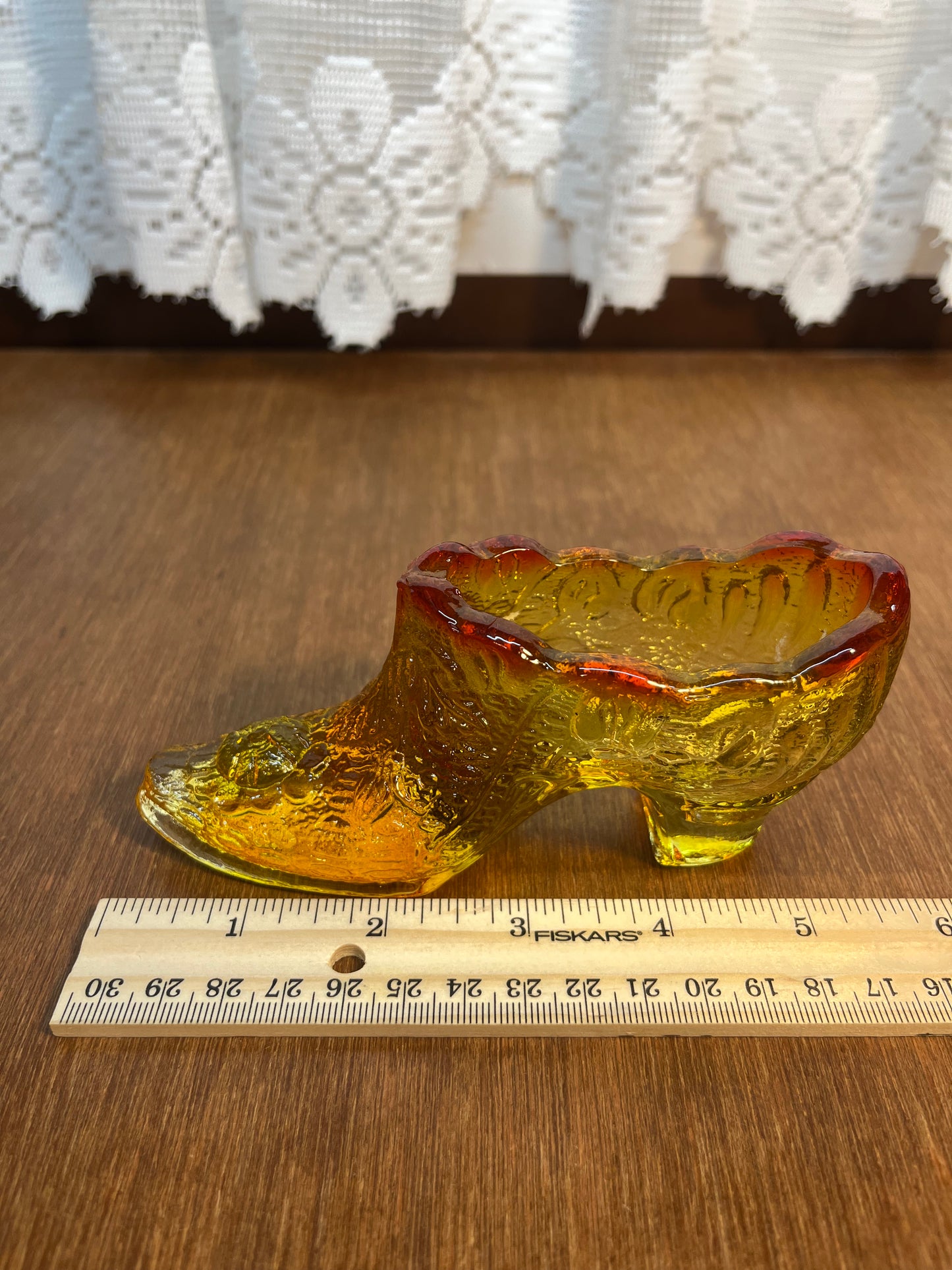 Vintage Amberina Embossed Cabbage Rose Art Glass Shoe