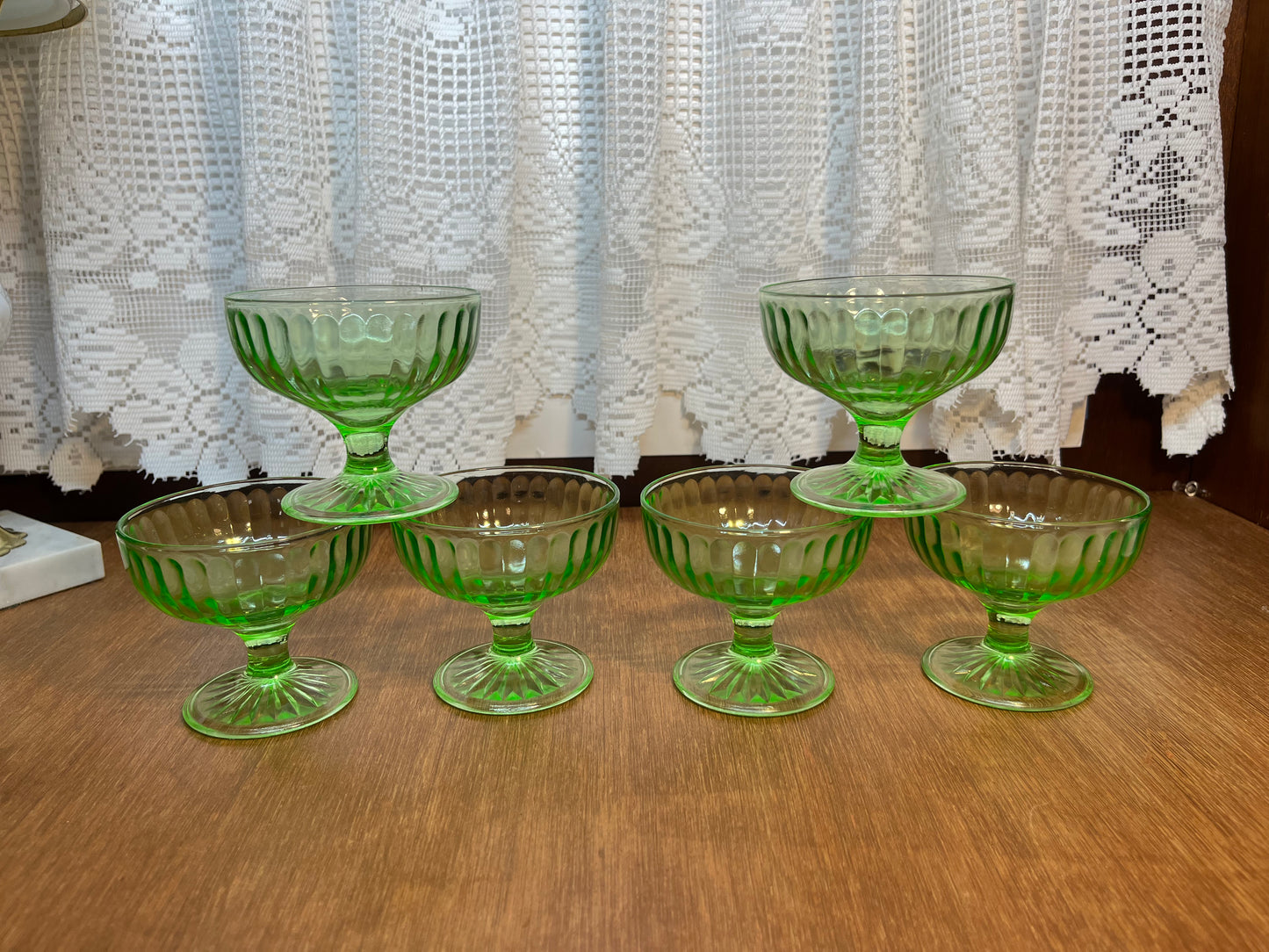 Vintage Uranium Champagne Sherbet Hazel Atlas Green Glass Set