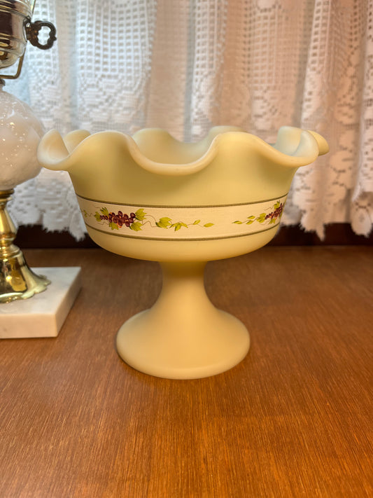 Vintage Fenton Ruffle Top Pedestal With Handpainted Grape Design