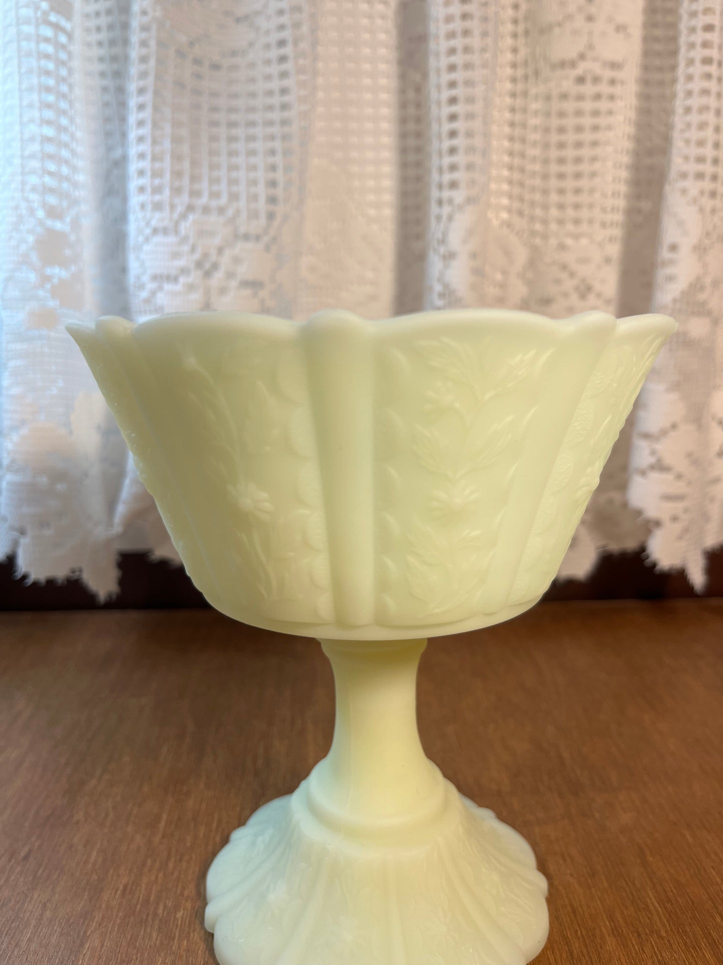 Vintage Fenton Custard Uranium Floral Pedestal Dish