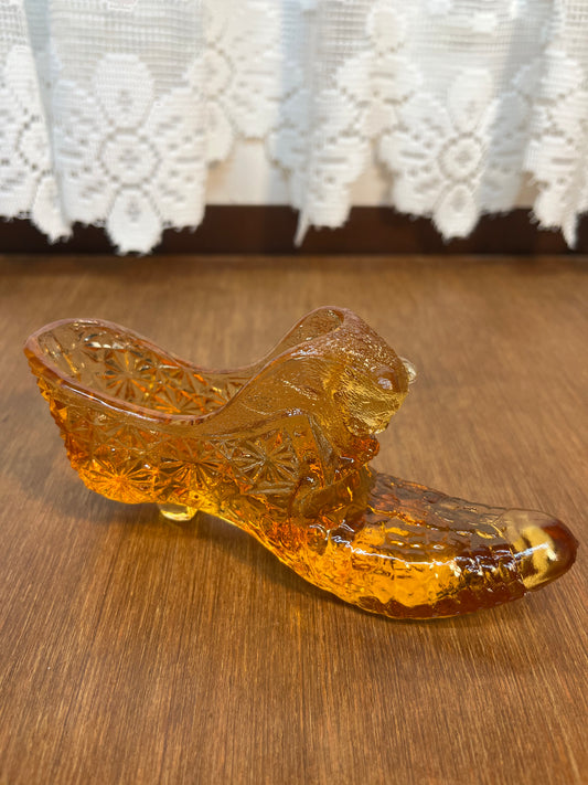 Vintage Amber Cat Face Art Glass Shoe