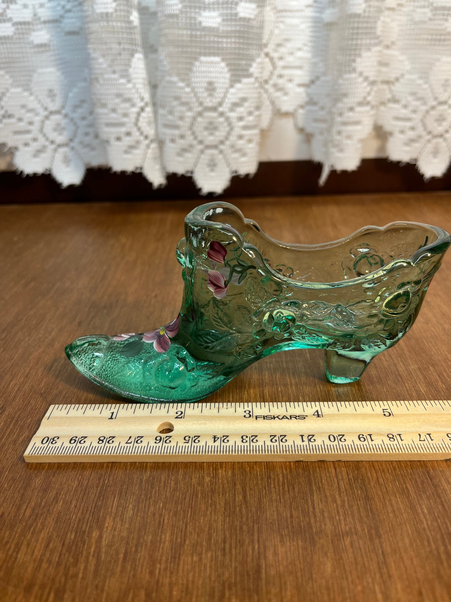 Vintage Green Floral Art Glass Fenton Shoe