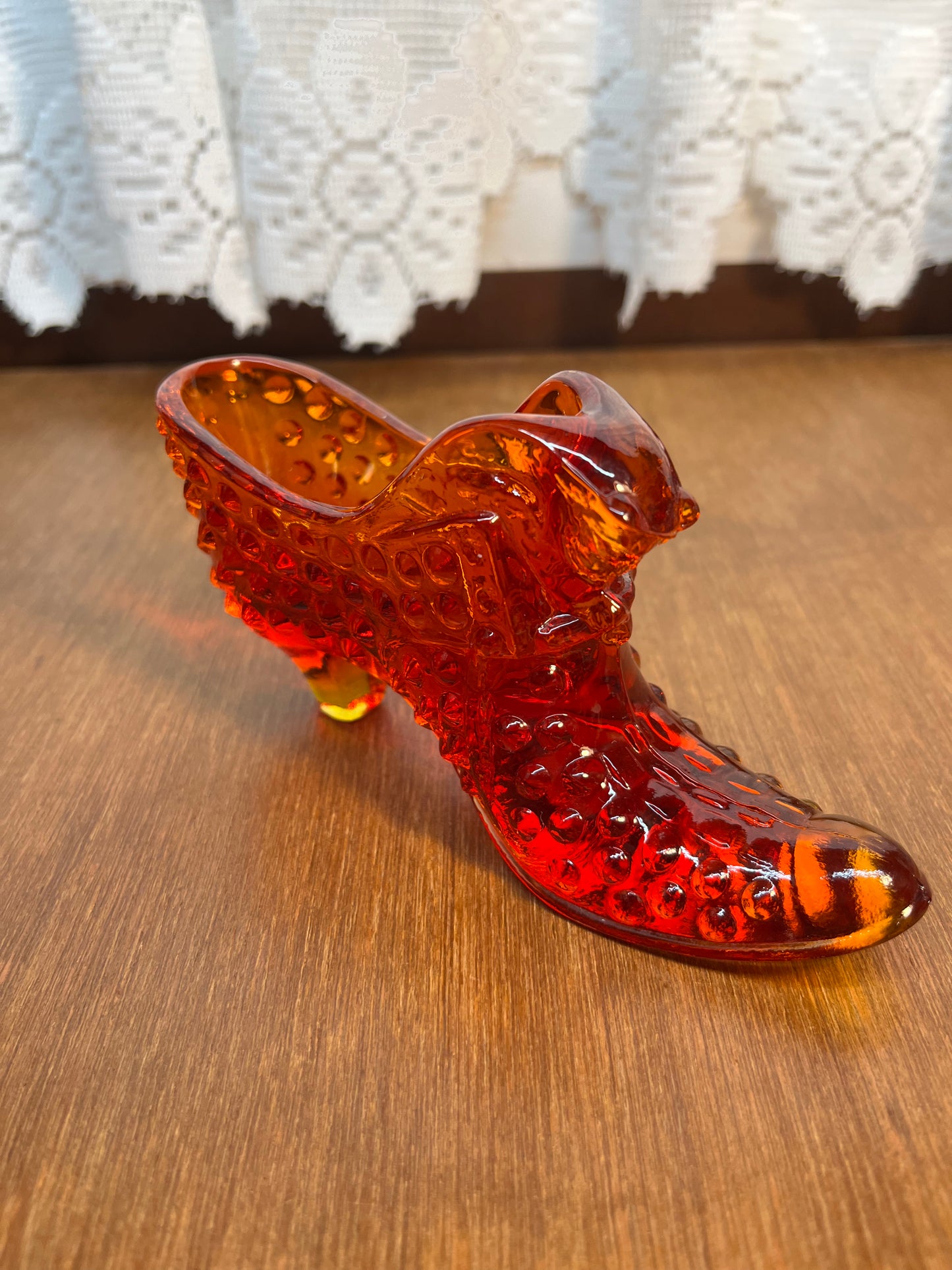 Vintage Hobnail Amberina Fenton Art Glass Cat Face Shoe