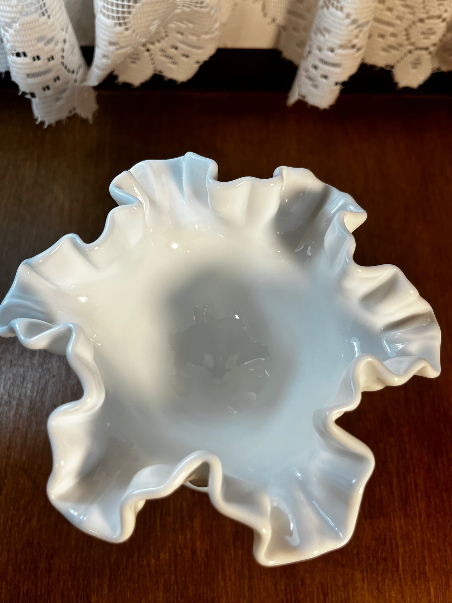 Vintage Fenton Ruffle Top Hobnail Pedestal Dish