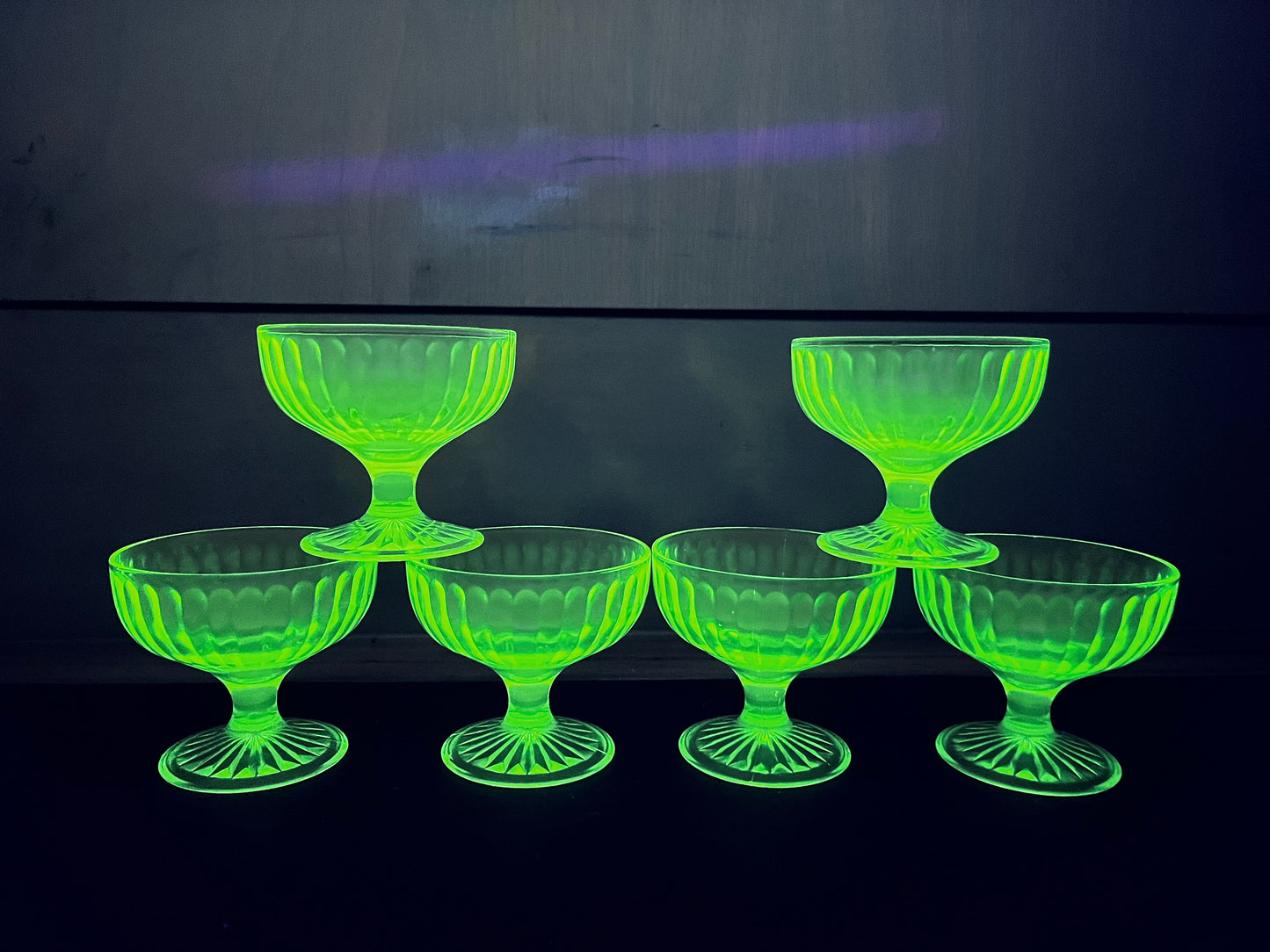 Vintage Uranium Champagne Sherbet Hazel Atlas Green Glass Set