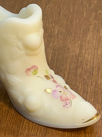 Vintage Satin White Fenton Floral Art Glass Shoe Hand Painted by S. Johnson