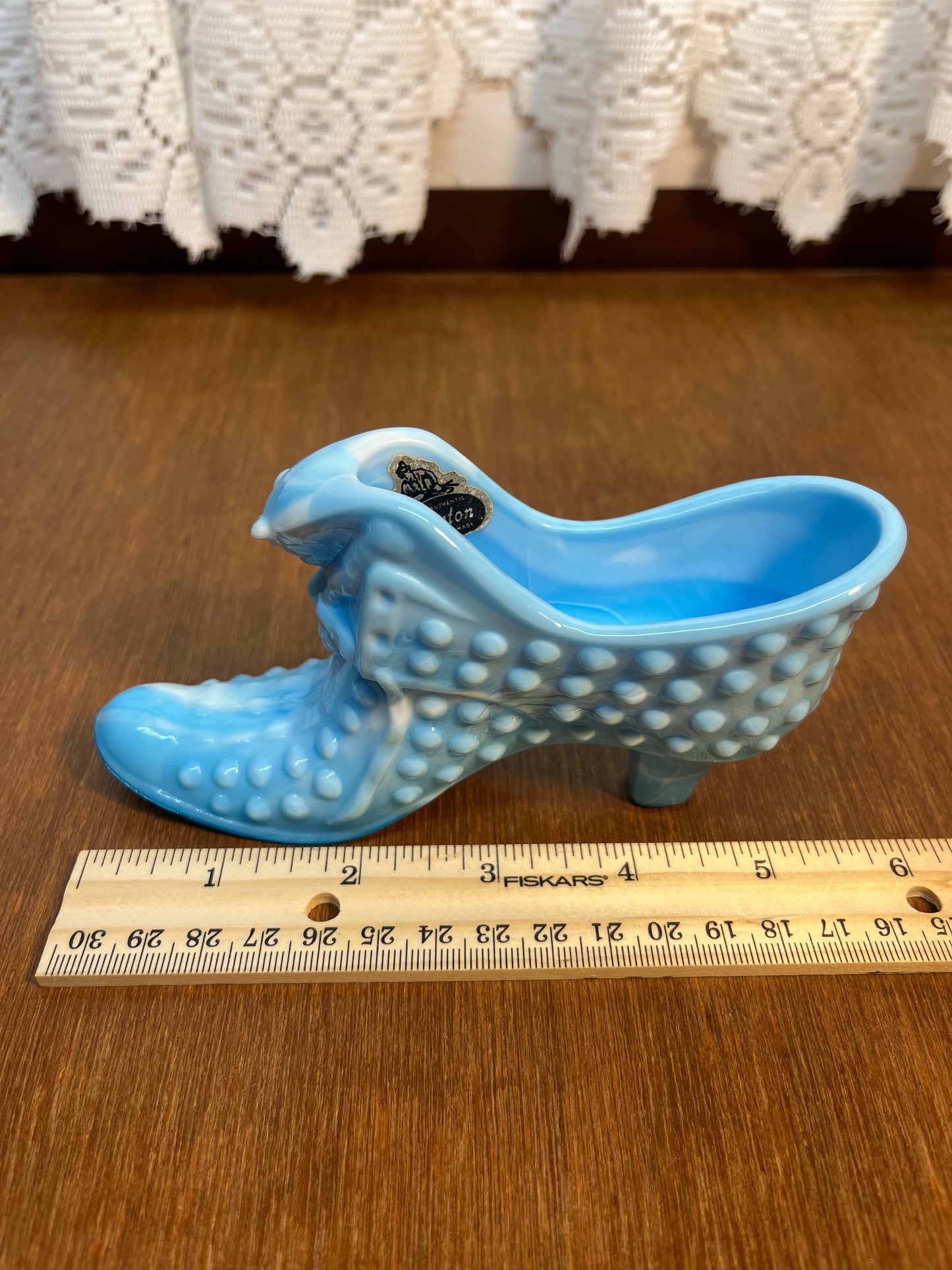 Vintage Blue & White Hobnail Fenton Art Glass Shoe With Sticker