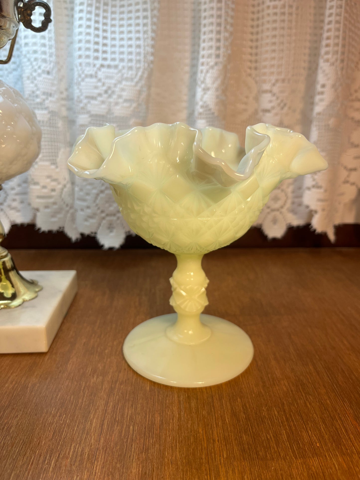 Vintage Fenton Uranium Ruffle Top Pedestal Dish