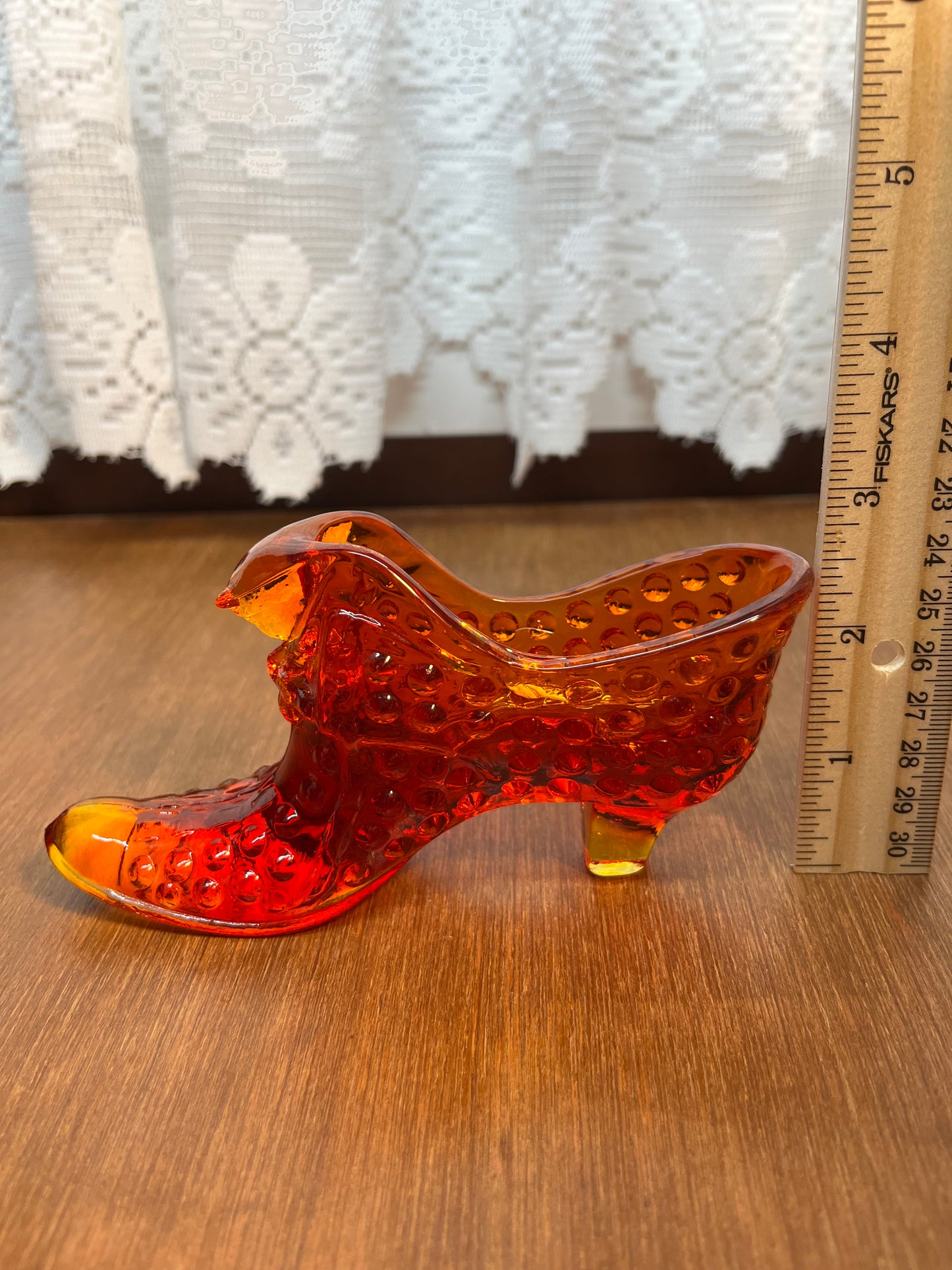 Vintage Hobnail Amberina Fenton Art Glass Cat Face Shoe