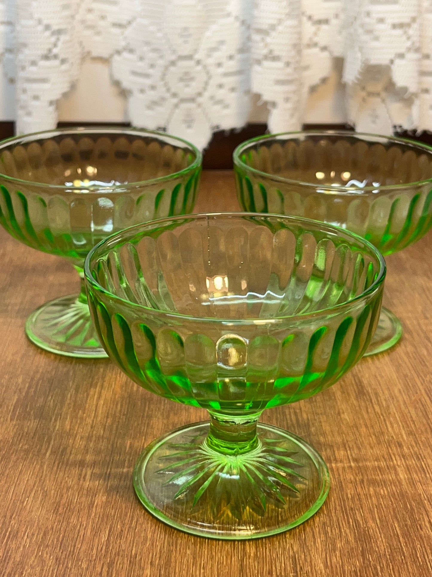 Vintage Uranium Champagne Sherbet Hazel Atlas Green Glass Set