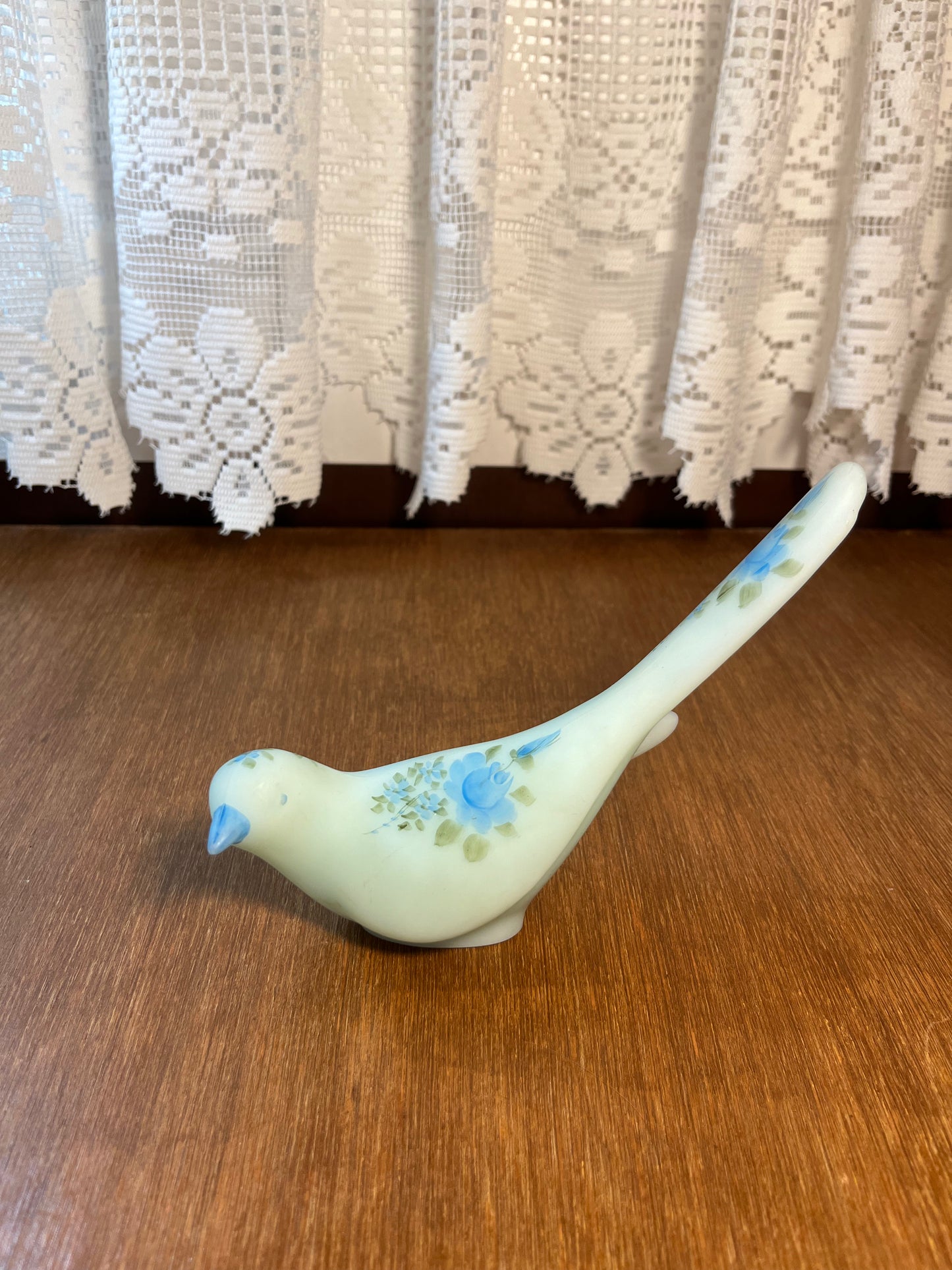 Vintage Blue Satin Hand Painted Fenton Rose Bird