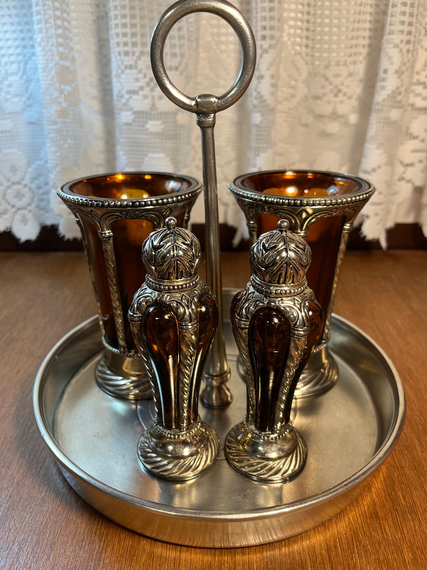 Vintage and Rare Amber Vases and Salt and Pepper Shaker with Caddy