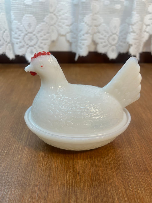 Vintage Red Comb Milk Glass Nesting Hen Trinket