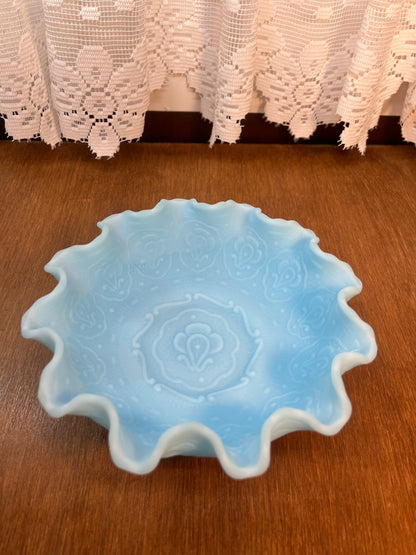 Vintage Blue Satin Persian Medallion Art Glass Fenton Bowl