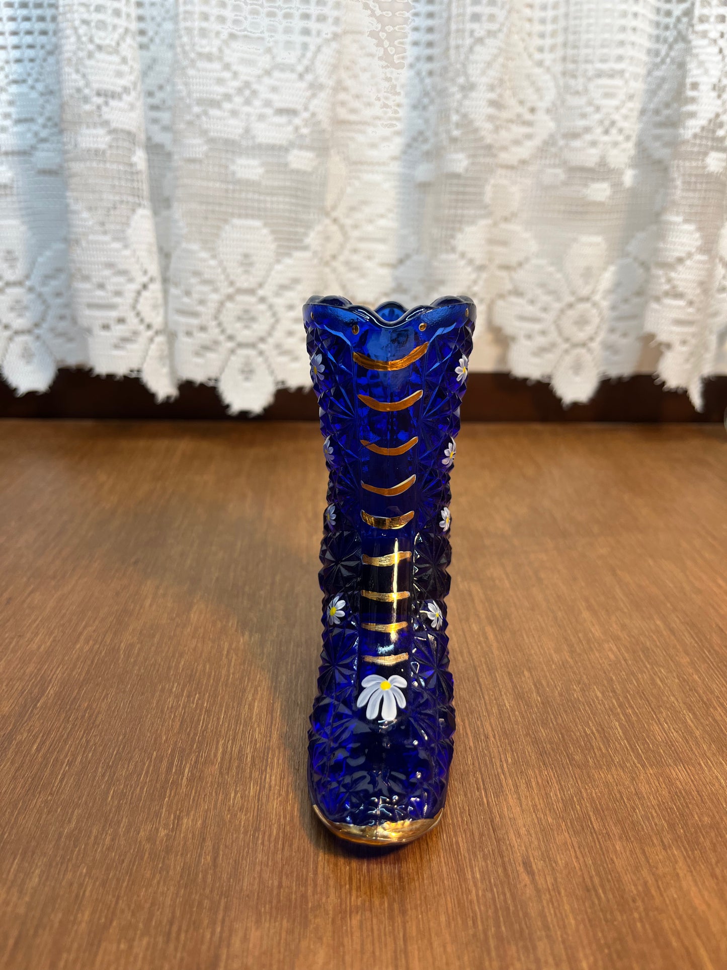 Cobalt Blue Hobnail Hand Painted Fenton Daisy Boot