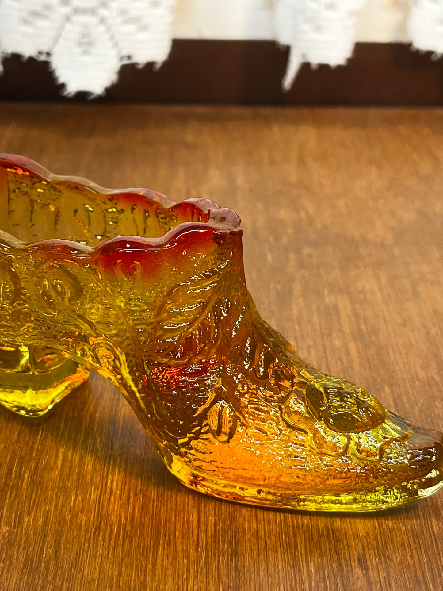 Vintage Amberina Embossed Cabbage Rose Art Glass Shoe