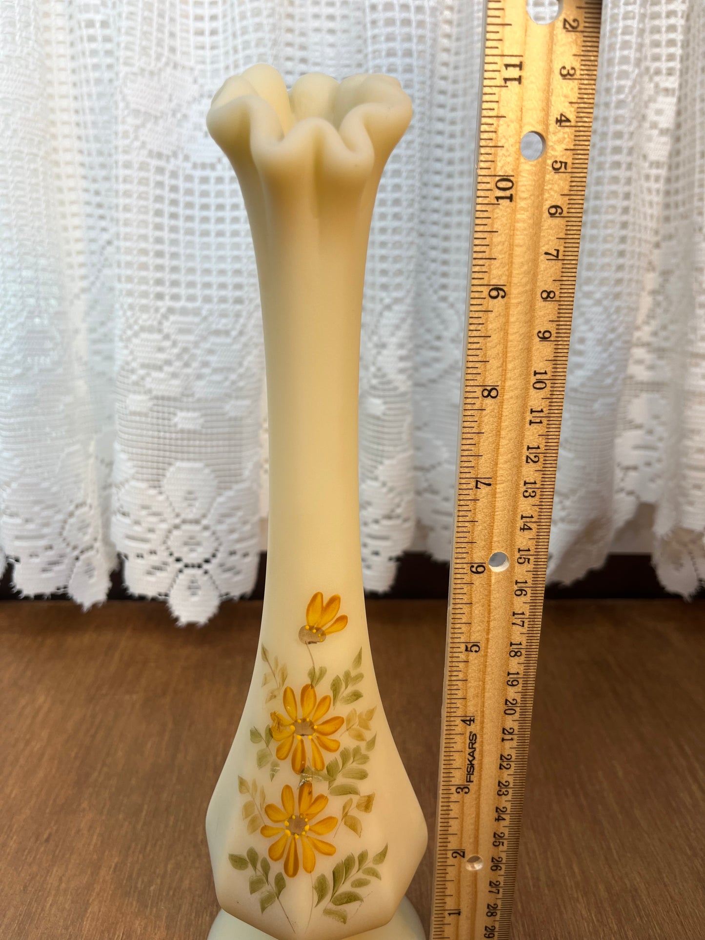 Vintage Fenton Custard Glass Hand Painted Daisy Bud Vase