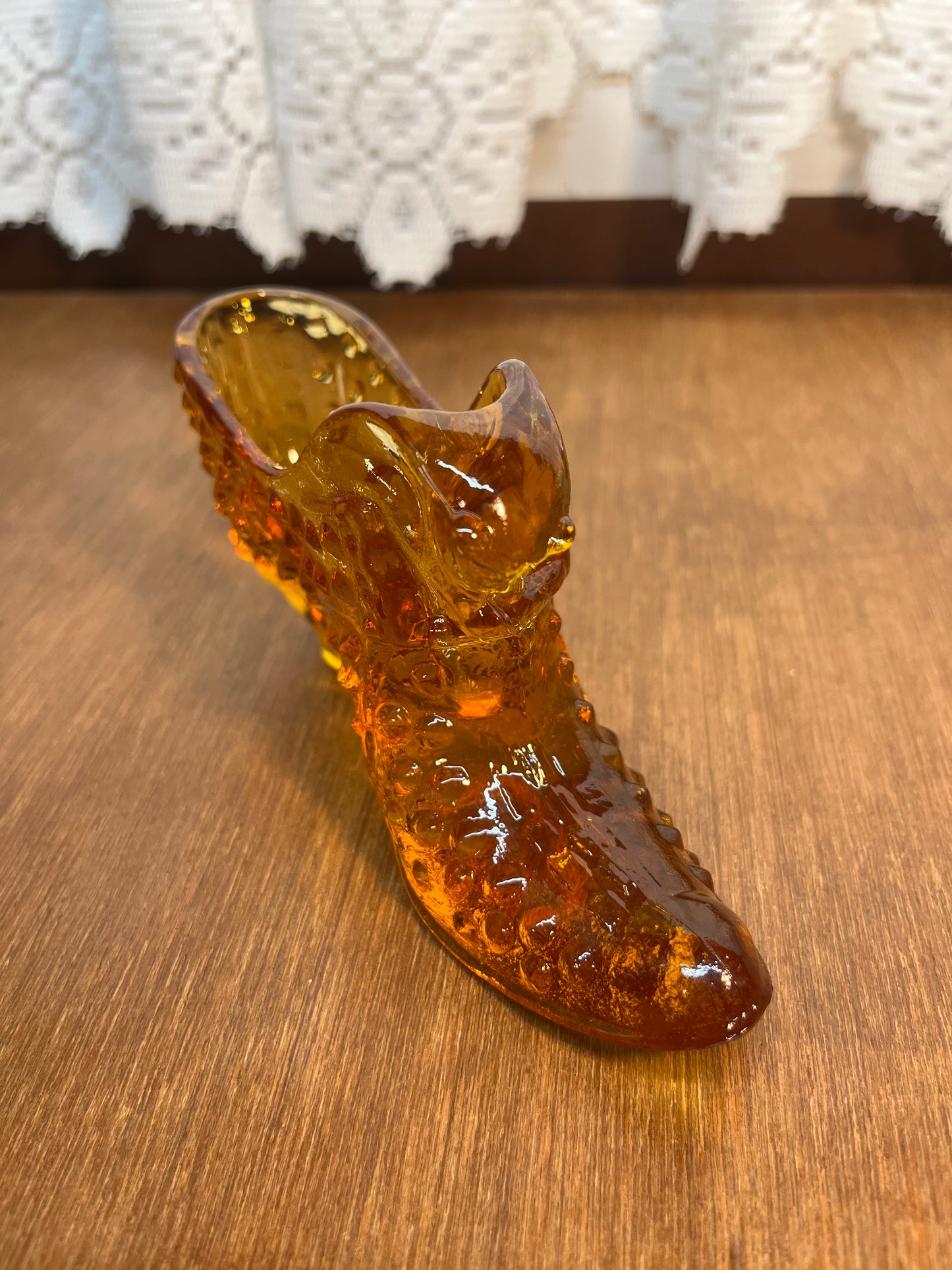 Vintage Fenton Amber Hobnail Art Glass Shoe With Fenton Stamp